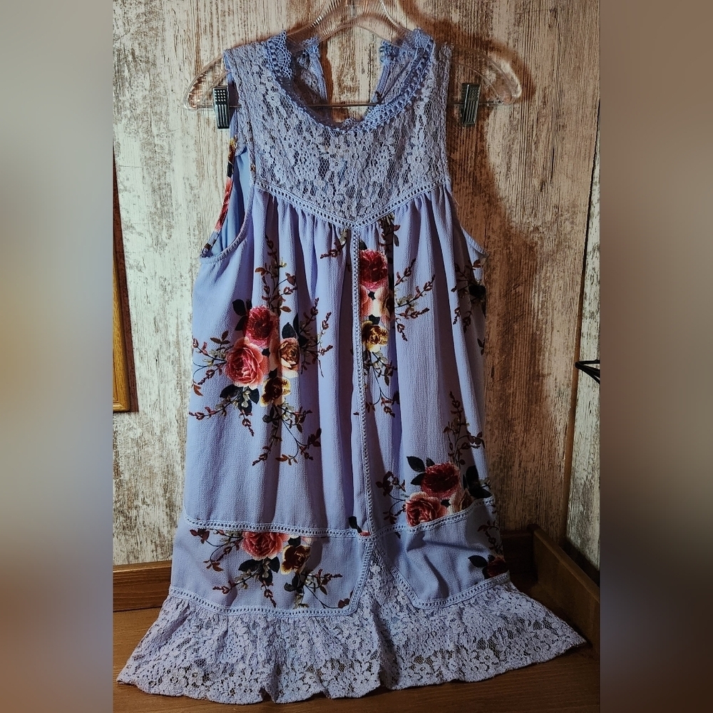 Light Baby Blue Lace Floral Midi Dress - Lavender and Red